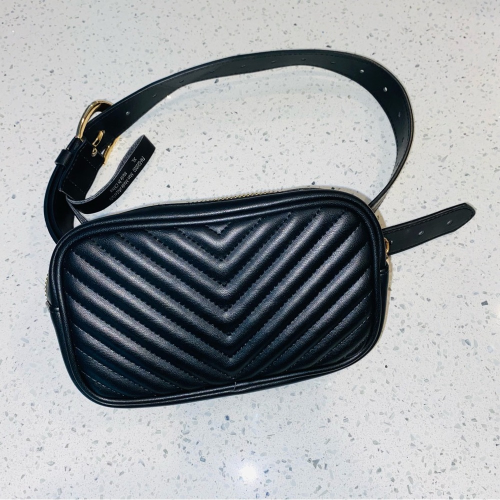 Black Crossbody Bag with Chevron Quilting and Adjustable Strap